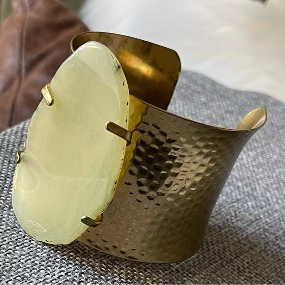 Hammered Brass Cuff Bracelet Adorned with Acrylic Pale Green Stone - Picture 10 of 16